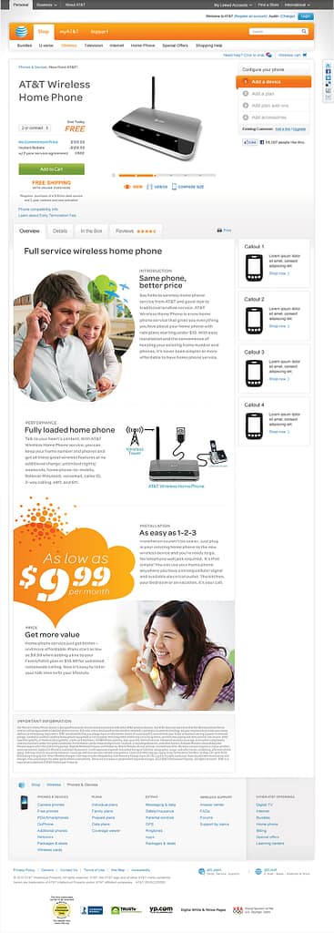 Web design mockup of a page with wireless home phone services.