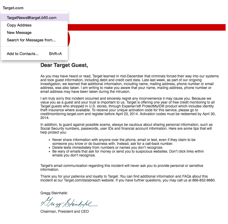Screen grab of Target security breach email.