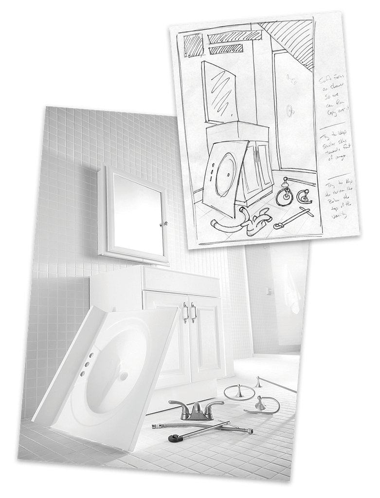 Photo direction sketch, notes, and resulting photo for a shot with bath vanity and hardware.