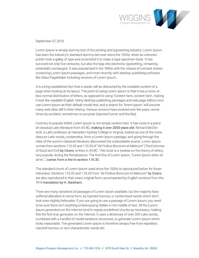 Sample letterhead with the W logo in the top right.