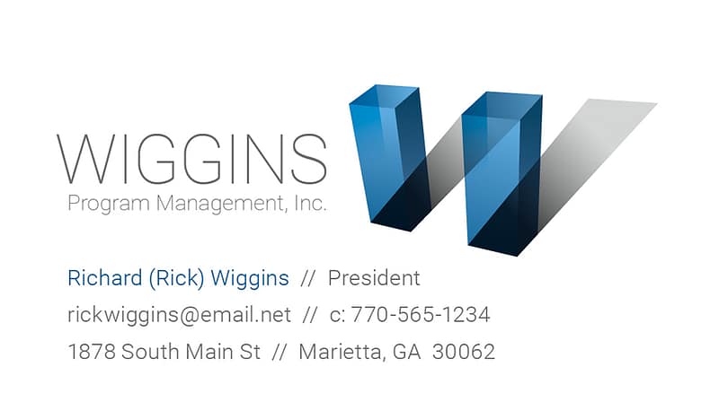 Logo resembling two translucent blue towers casting shadows to make the letter W with contact info underneath.