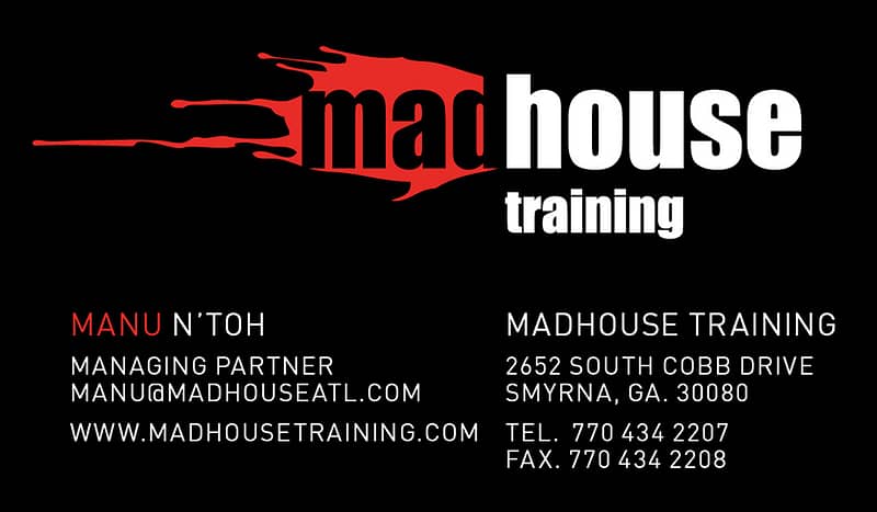 Black business card front with red and white madhouse logo and contact info.