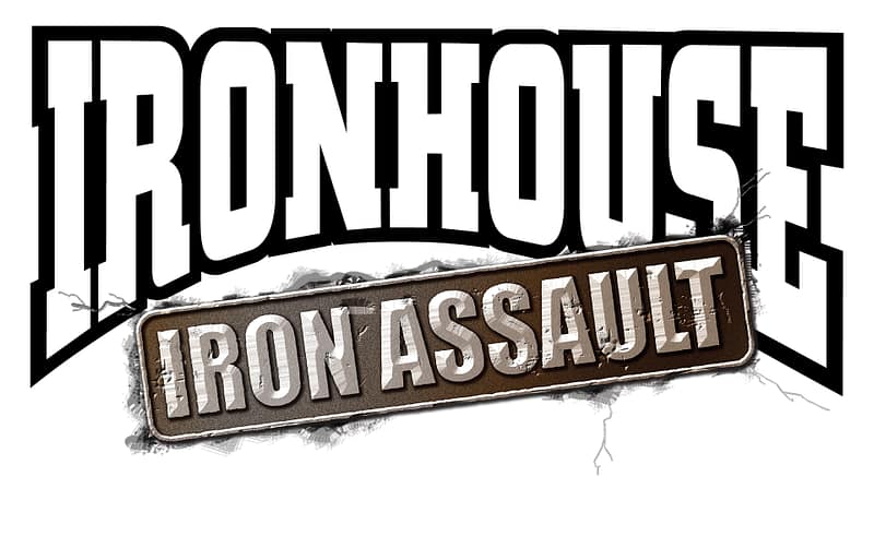 Logo of a forged iron badge consisting of the words Iron Assault dropped onto a cracked surface.