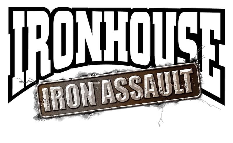 Logo of a forged iron badge consisting of the words Iron Assault dropped onto a cracked surface.
