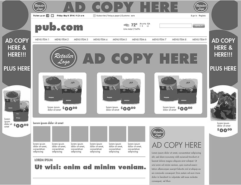 Low-fidelity anonymized mockup of a news site with excessive advertising.