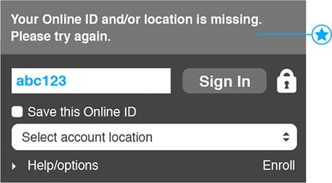 Low-fidelity anonymized mockup of a bank login error message.