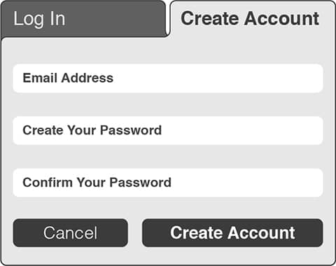 Low-fidelity anonymized mockup of the reorganized create account tab.